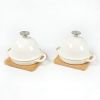 HAWOK Enameled Cast Iron Garlic Roaster with Bamboo Tray, 5-Inch, BBQ Grill Garlic Baker, Mini Cocotte, Set of 2, Oyster White