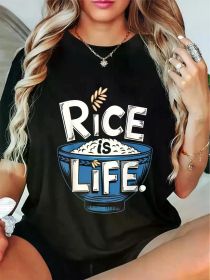 Fashion Tshirt Rice is Life Asian Food Lover Japanese Cooker Men Women T-Shirt (Color: Black, size: L)